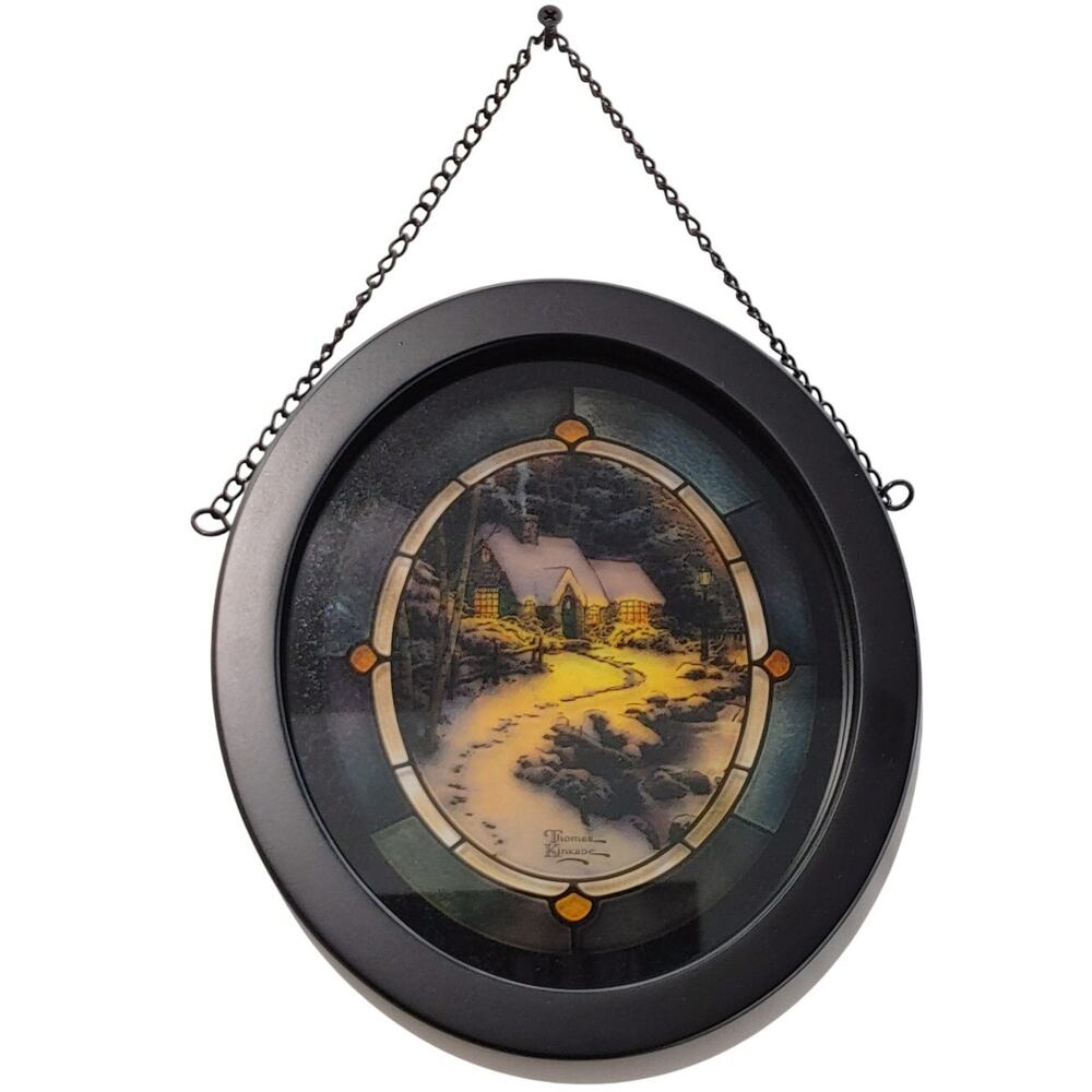 Thomas Kinkade Evening Glow 9"x8" Framed Glass Art Black Frame Christmas Cottage
